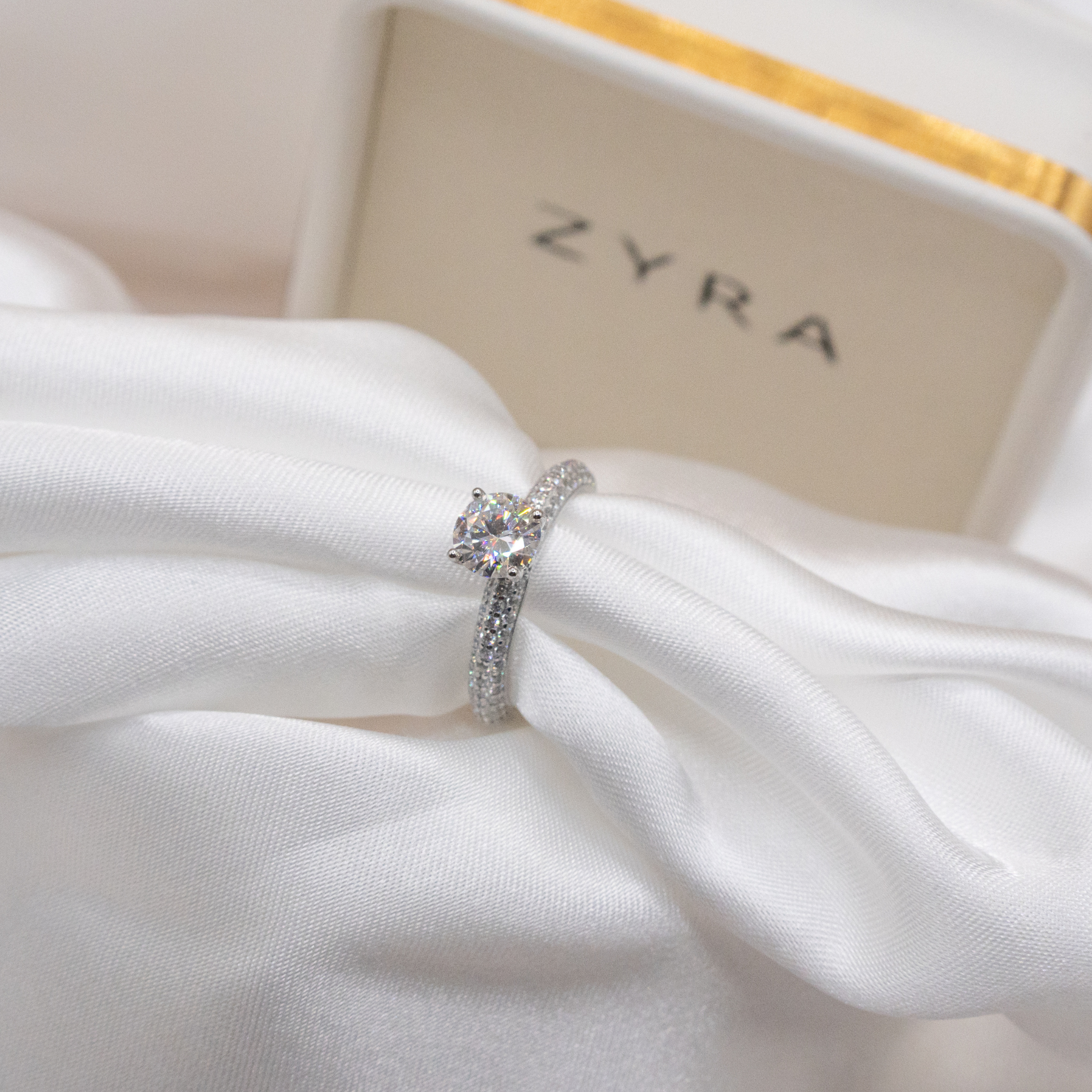 ZYRA® Miyabi Engagement Ring in S925 Sterling Silver with 1 carat Moissanite - (Buy 1 Get 1 Free 0.1-carat Moissanite Kairi Earrings)