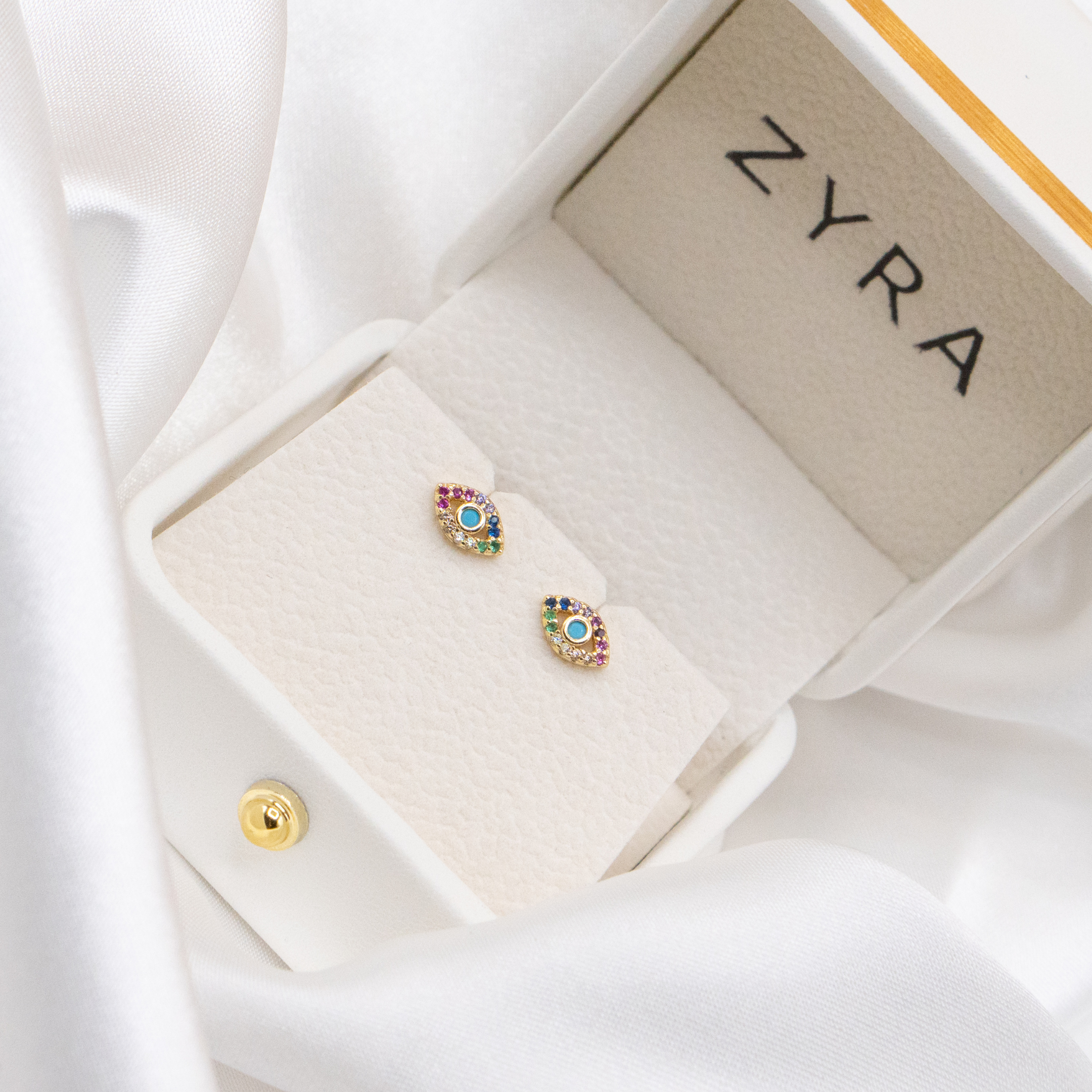 ZYRA® Hari Evil Eye Stud Earrings in S925 Sterling Silver with 14k Real Gold Plating