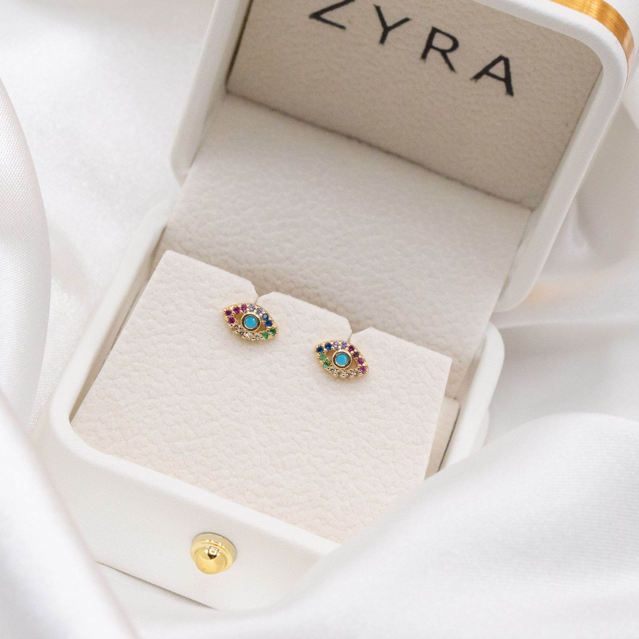 ZYRA® Hari Evil Eye Stud Earrings in S925 Sterling Silver with 14k Real Gold Plating