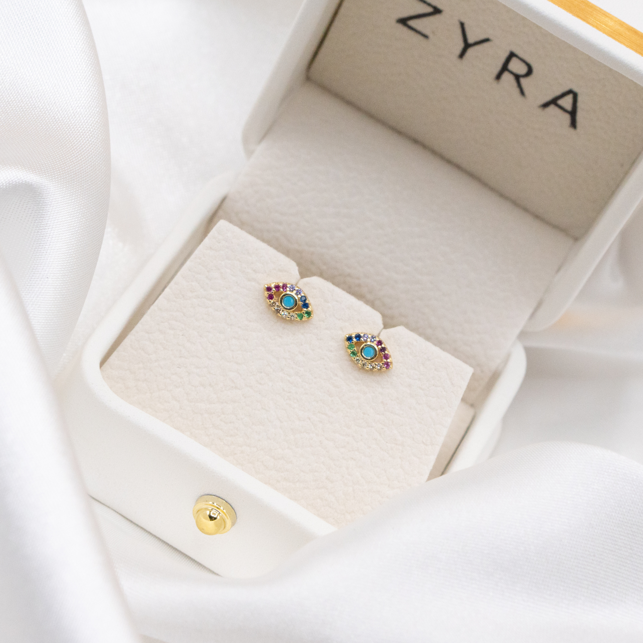 ZYRA® Hari Evil Eye Stud Earrings in S925 Sterling Silver with 14k Real Gold Plating