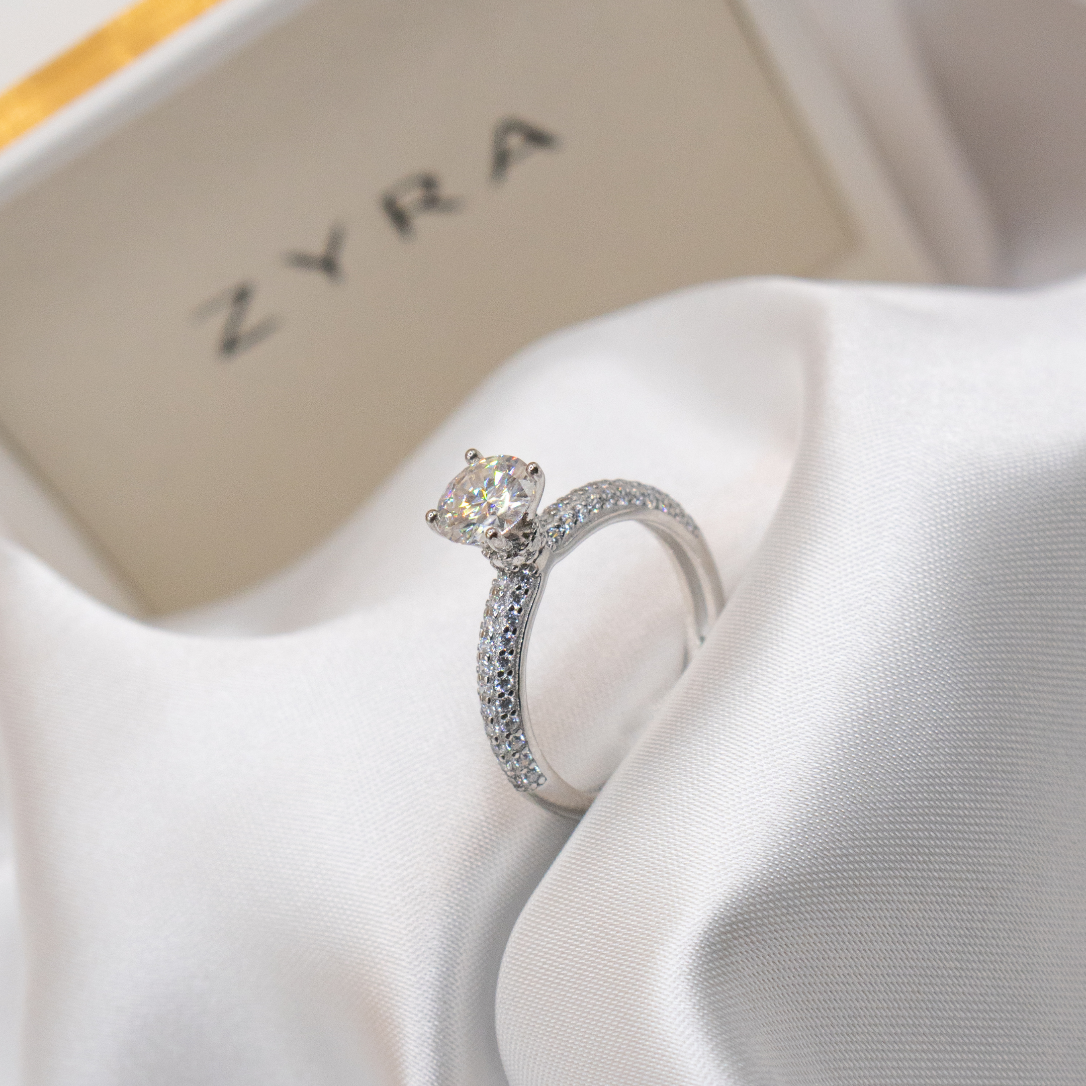 ZYRA® Miyabi Engagement Ring in S925 Sterling Silver with 1 carat Moissanite - (Buy 1 Get 1 Free 0.1-carat Moissanite Kairi Earrings)